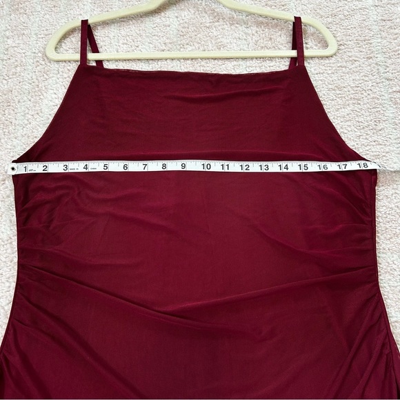 NWOT Zomva Burgundy Evening Midi Dress Mesh Second Skin Bodycon Size XL Ruched - Picture 6 of 11